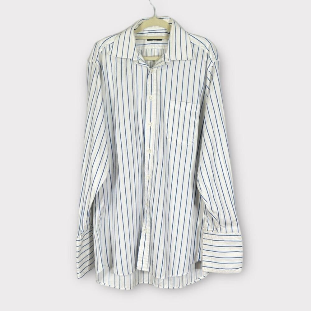 Burberry London Long Sleeve Shirt Men's 16R White Blue Striped Cotton